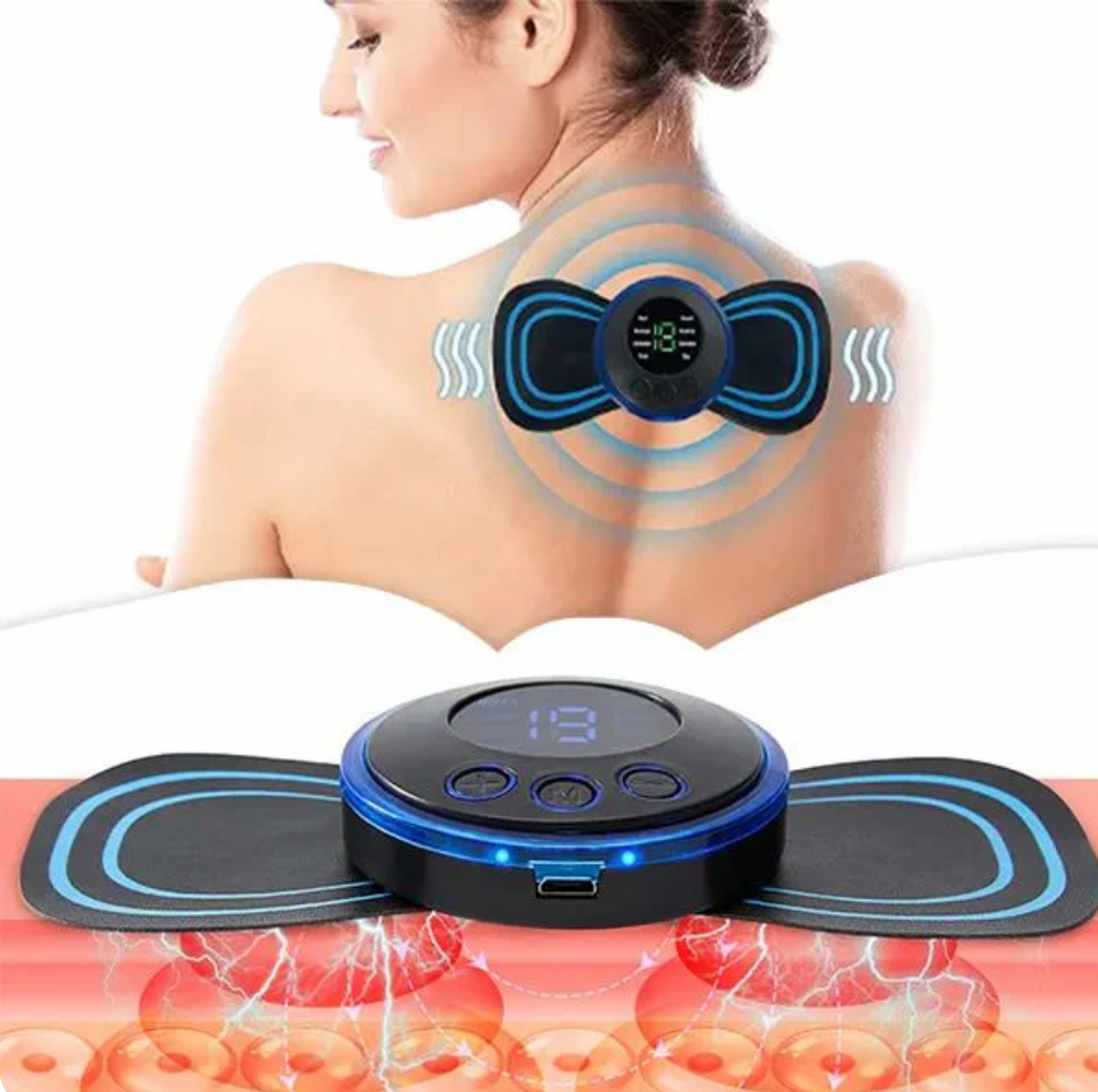 PainRelief Pro digital massage device with blue LED display showing therapeutic waves on upper back for muscle relief