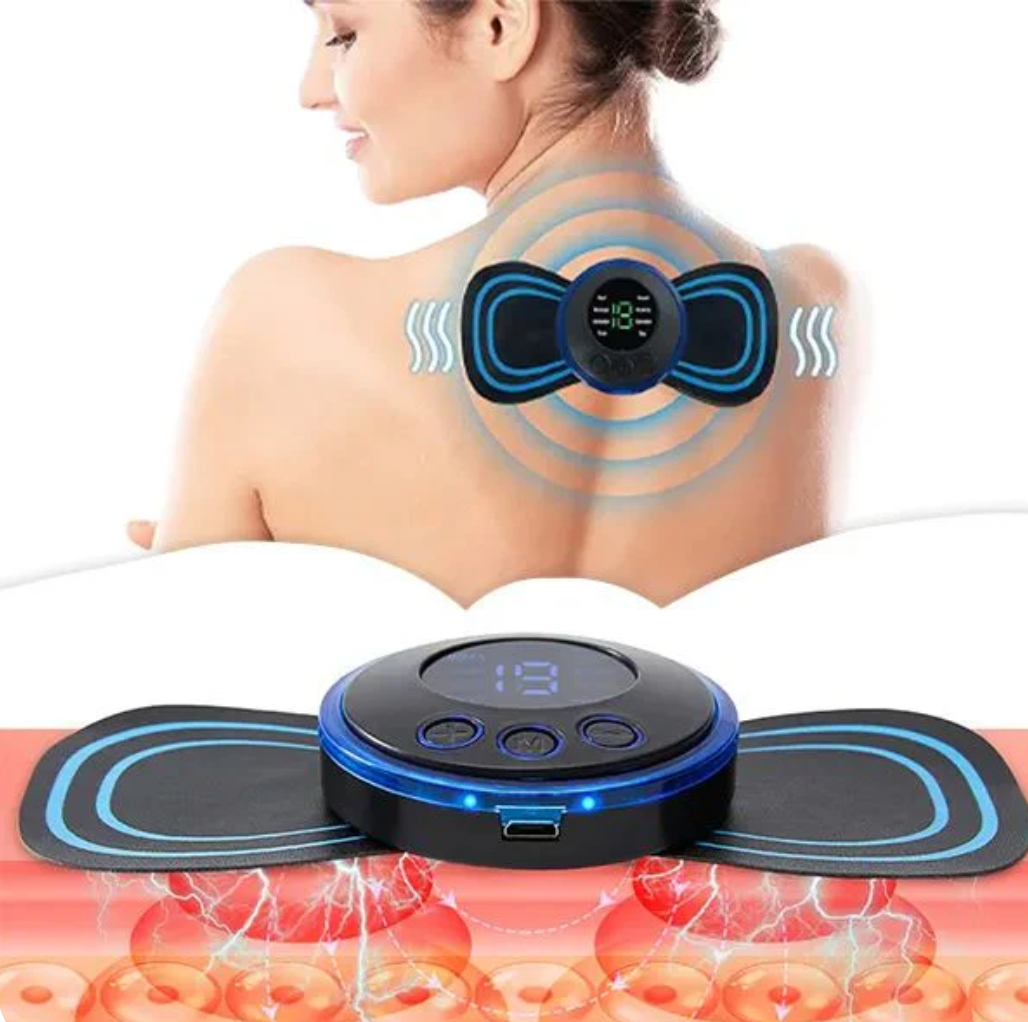 PainRelief Pro digital massage device with blue LED display showing therapeutic waves on upper back for muscle relief