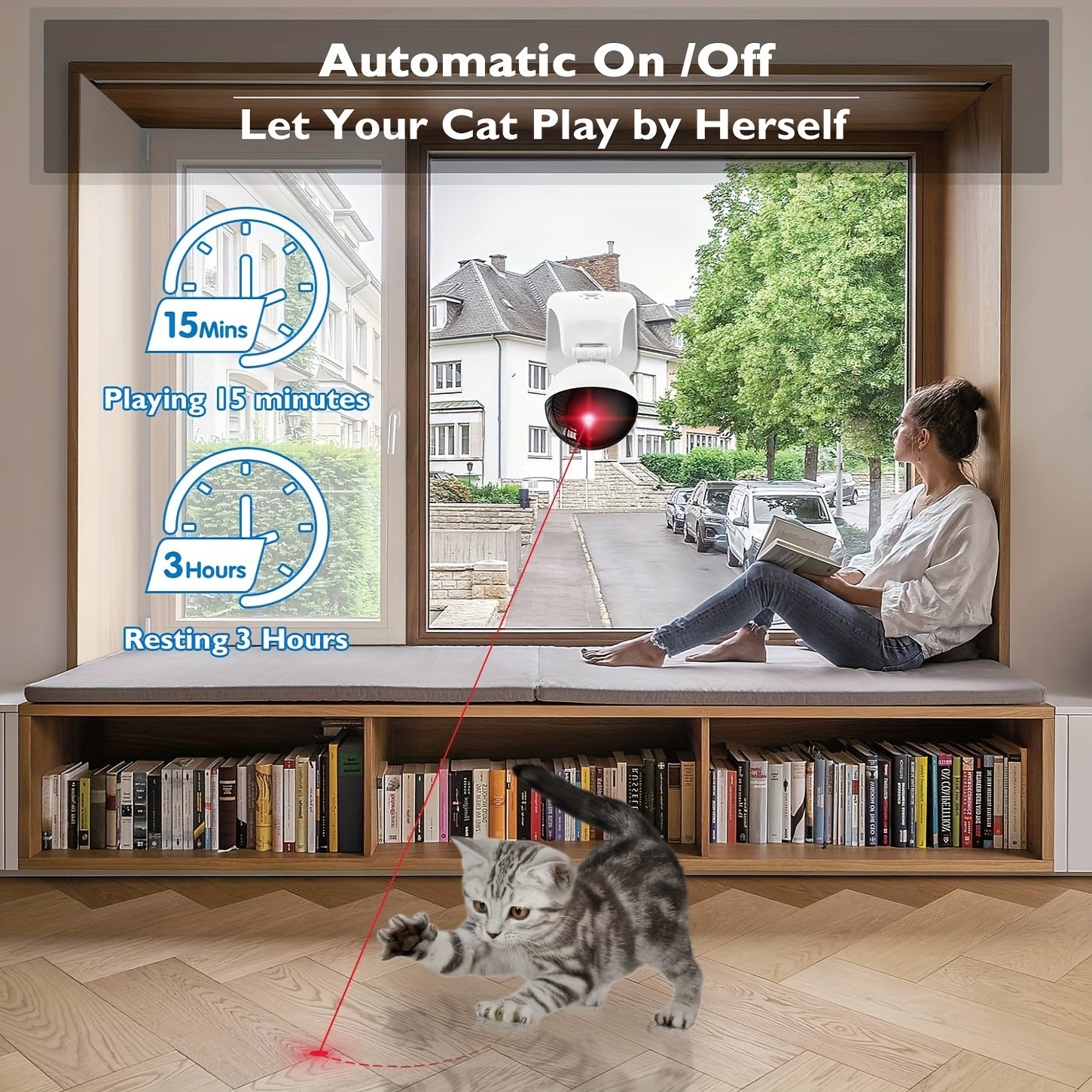 PawChase automatic laser toy mounted by window with cat playing, showing 15-minute and 3-hour timer settings in home setting