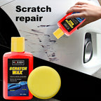Person applying red scratch repair liquid with yellow applicator to white car surface showing scratch removal process