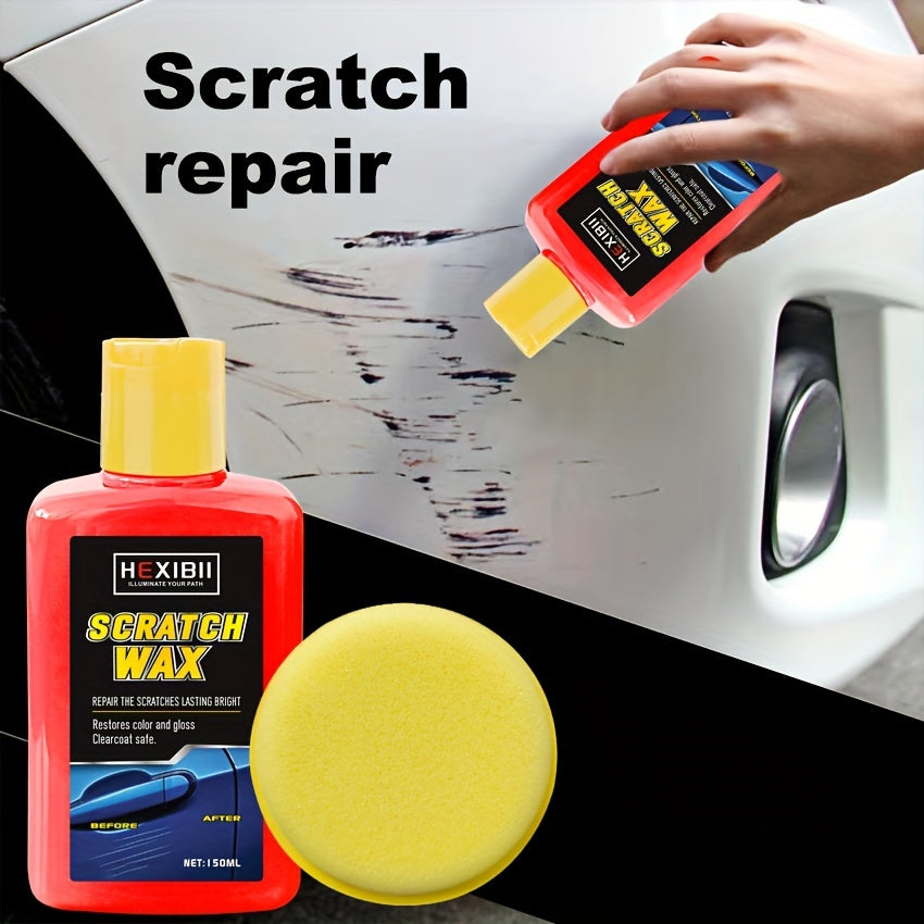 Person applying red scratch repair liquid with yellow applicator to white car surface showing scratch removal process