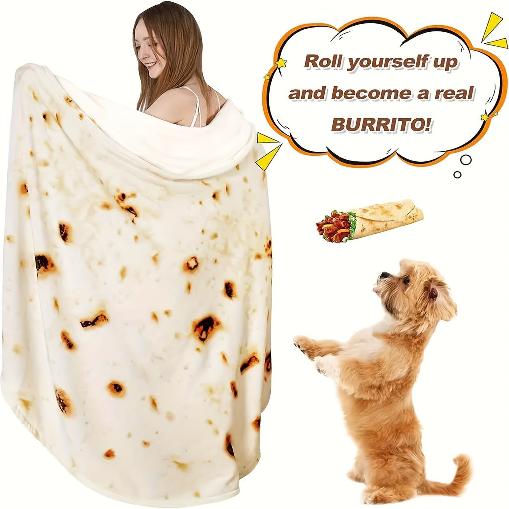 Person wrapped in HighPeak Food Blanket featuring realistic tortilla pattern with brown spots, demonstrating burrito wrap style with dog
