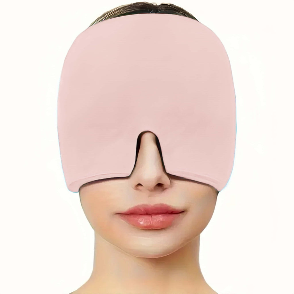 Pink Headache Relief Cap covering eyes and forehead for cold therapy and migraine relief - front view demonstration