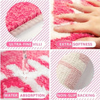 Pink and white ChillPill bathroom rug featuring ultra-fine villi texture, non-slip backing, water absorption and extra softness demonstration