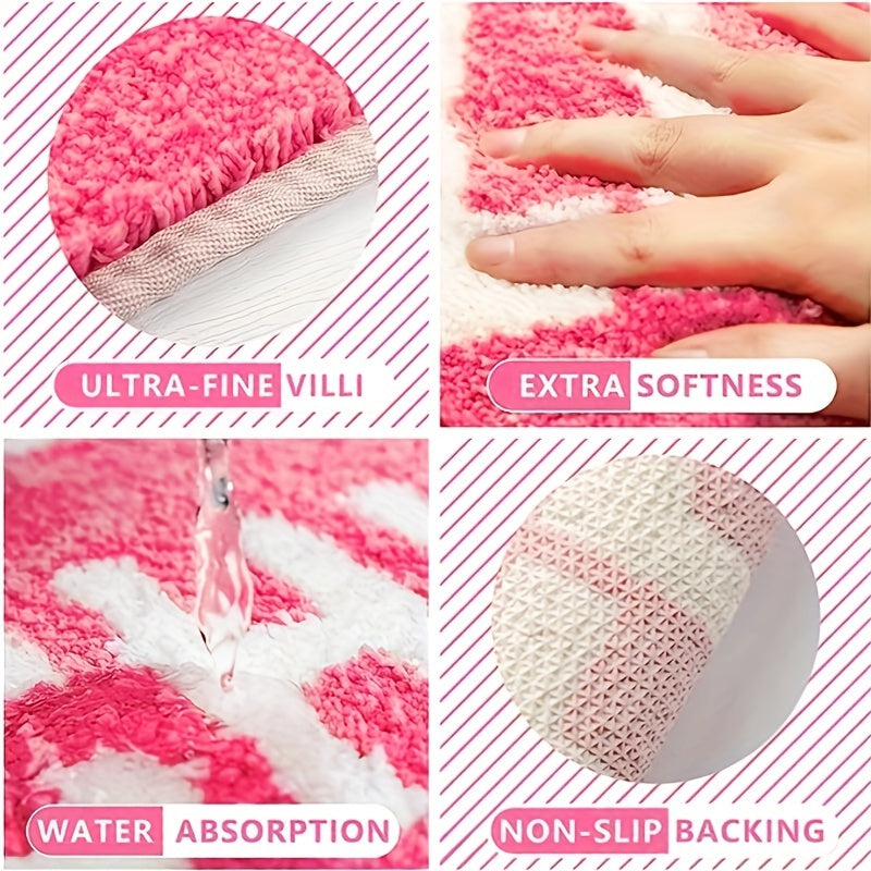 Pink and white ChillPill bathroom rug featuring ultra-fine villi texture, non-slip backing, water absorption and extra softness demonstration