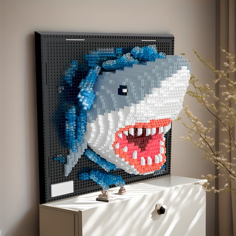 PixelBrick Art 3D shark wall decor made from colorful building blocks, featuring blue, white, and red pixel-style design