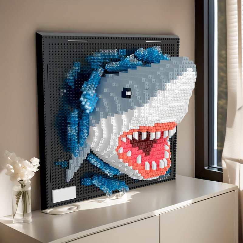 PixelBrick Art 3D shark wall display with blue and gray blocks, showing detailed pixelated great white design on black base