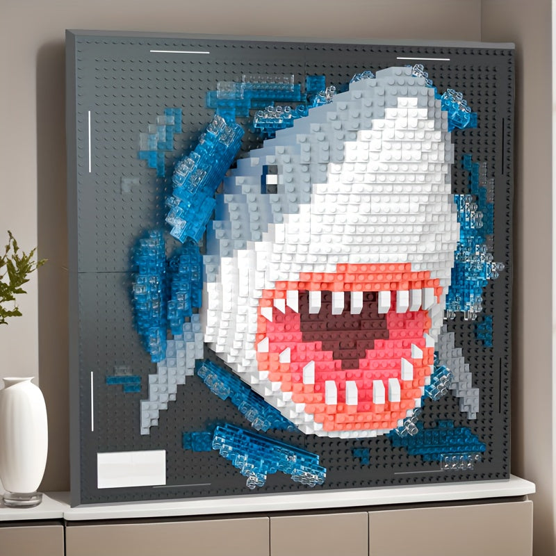 PixelBrick Art 3D shark wall display with gray base plate featuring white shark head and blue ocean waves built from blocks