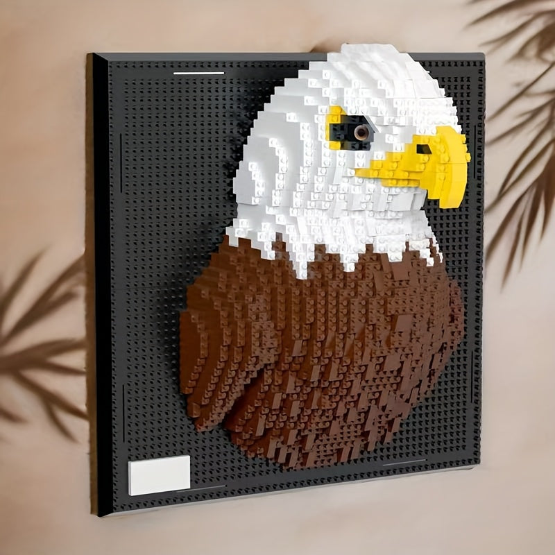 PixelBrick Art displaying a 3D brick-built bald eagle portrait in white, brown, and yellow against black baseplate wall decor