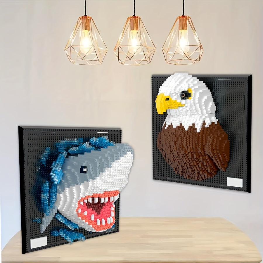 PixelBrick Art displaying shark and eagle designs in 3D brick style, mounted on wall under copper pendant lights