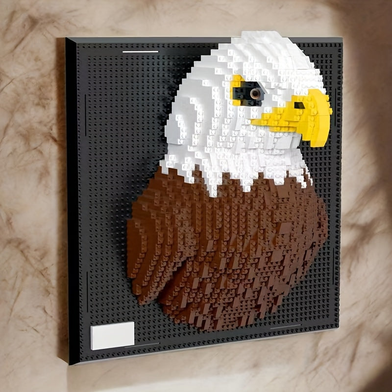 PixelBrick Art eagle portrait wall decor featuring white and brown blocks on black baseplate - 3D brick building art display