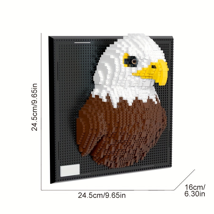 PixelBrick Art eagle wall decor featuring 3D brick mosaic design in white, brown, and yellow on black background frame