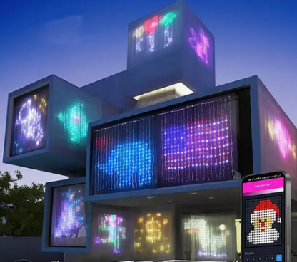 Pixel Curtain LED display on modern building exterior showing colorful light patterns and smartphone app control interface