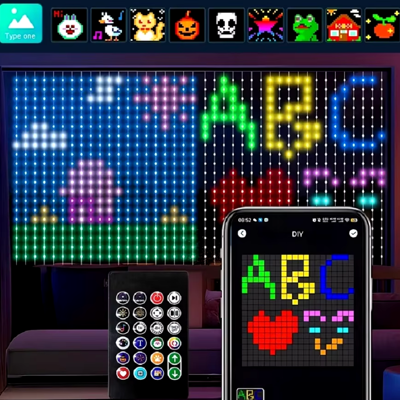 Pixel Curtain LED display showing colorful ABC pattern with smartphone app control and remote - customizable light art decor