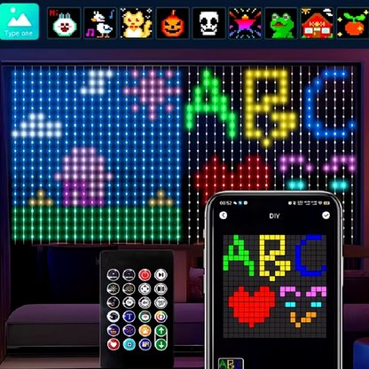 Pixel Curtain LED display showing colorful ABC pattern with smartphone app control and remote - customizable light art decor