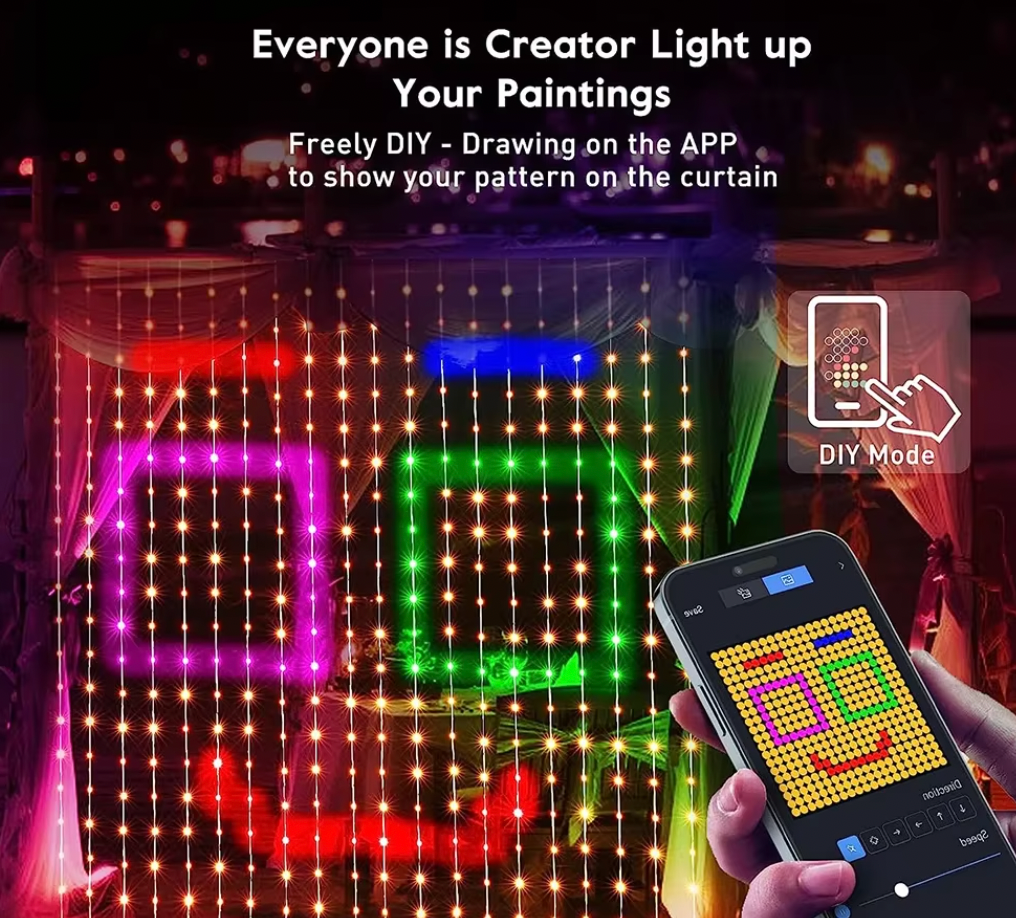 Pixel Curtain LED display showing colorful geometric patterns with smartphone app control and DIY drawing mode demonstration