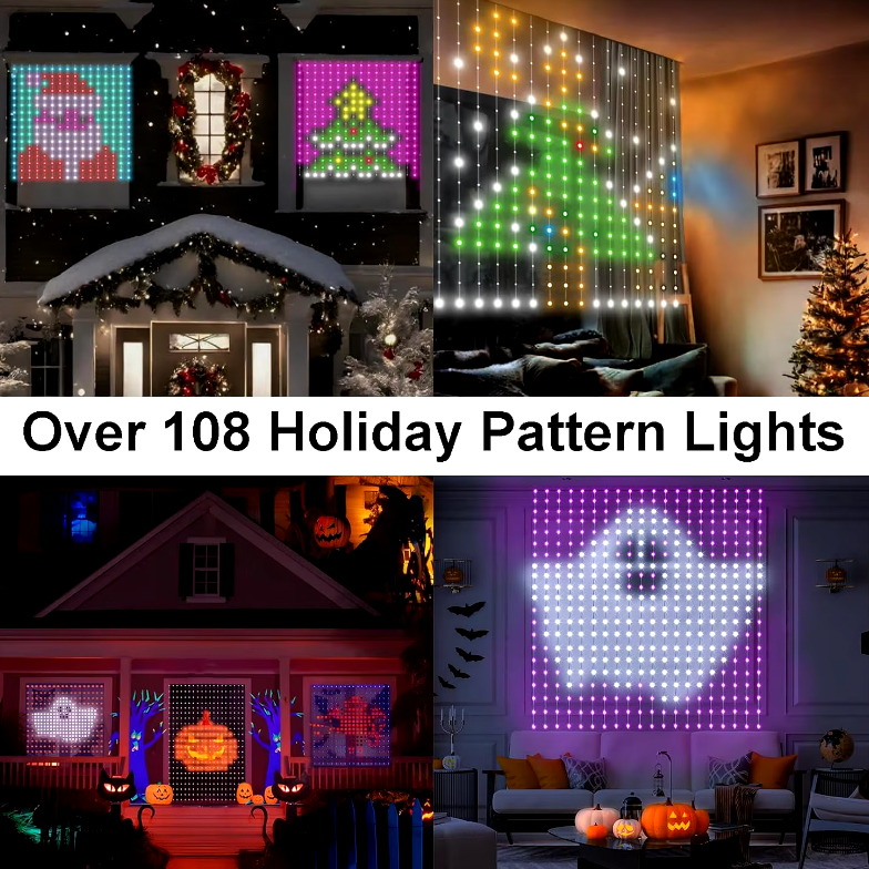 Pixel Curtain LED display showing festive patterns including Christmas tree, ghost, and holiday designs in multiple vibrant colors