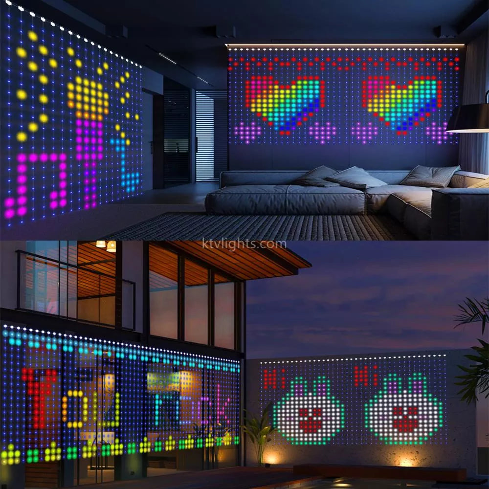 Pixel Curtain LED display showing rainbow heart patterns and colorful animations in modern bedroom and outdoor patio settings