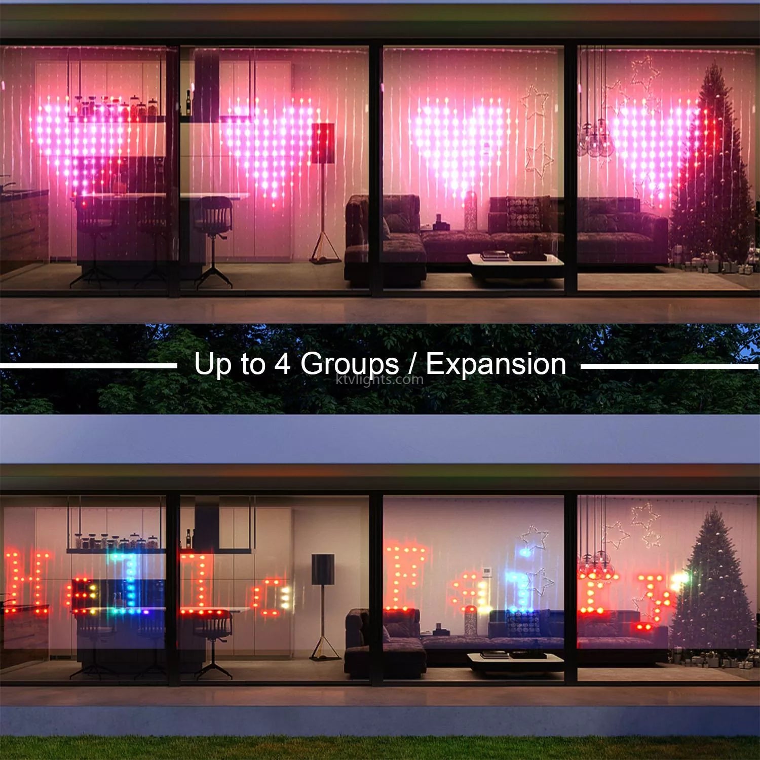 Pixel Curtain LED display showing vibrant pink heart patterns and multicolor light designs through window panels