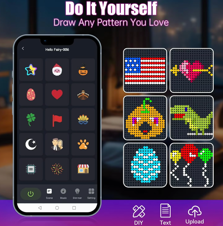 Pixel Curtain app interface showing DIY pattern maker with colorful preset designs including American flag and holiday icons