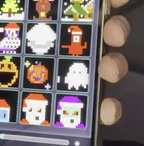 Pixel Curtain app interface showing holiday-themed pixel art designs with ghosts, pumpkins, and Christmas characters in vibrant colors