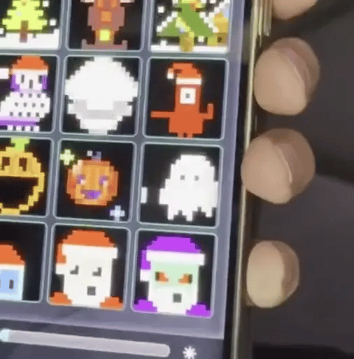 Pixel Curtain app interface showing holiday-themed pixel art designs with ghosts, pumpkins, and Christmas characters in vibrant colors