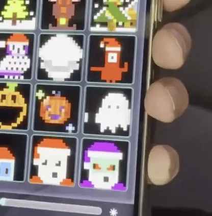 Pixel Curtain app interface showing holiday-themed pixel art designs with ghosts, pumpkins, and Christmas characters in vibrant colors