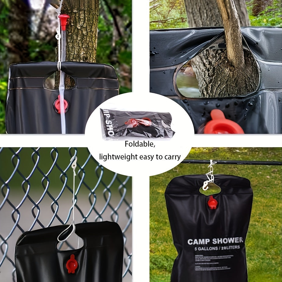 Portable Camp Shower in black hanging on tree and fence - 5-gallon solar heating outdoor shower system, foldable design