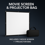 Portable movie screen with black frame and matching projector carrying bag - complete outdoor cinema bundle setup