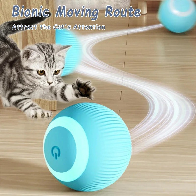 PounceBall smart rolling cat toy in turquoise blue moving on hardwood floor with playful tabby cat watching