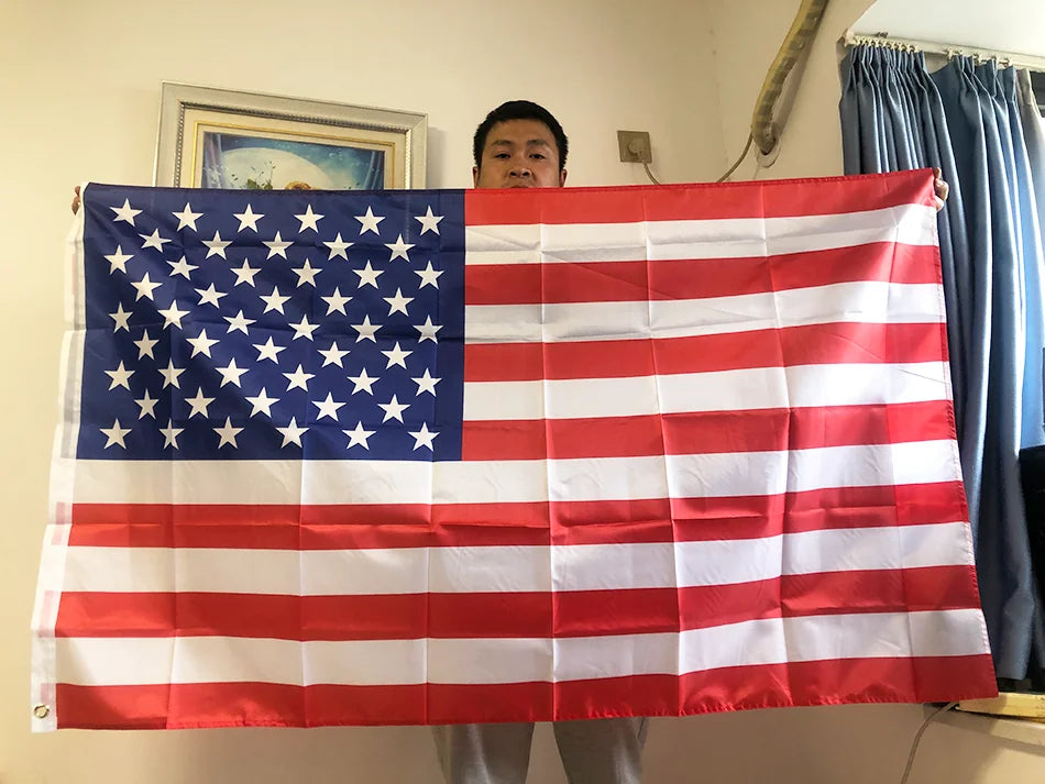 Premium USA Flag displayed with vibrant red, white and blue stripes and 50 white stars on navy field, 3x5 ft double-sided polyester