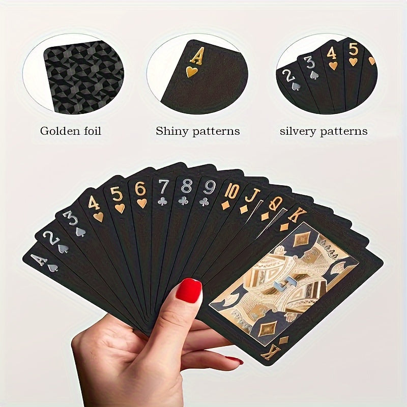 PrestigeDeck luxury playing cards fanned out displaying black and gold design with metallic patterns and diamond suit details