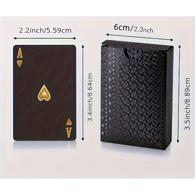PrestigeDeck premium playing cards featuring Ace of Spades and black textured box with gold accents - size dimensions shown