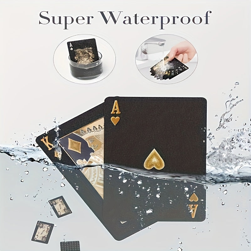 PrestigeDeck waterproof playing cards with black and gold design splashing through water - luxury cards demonstration