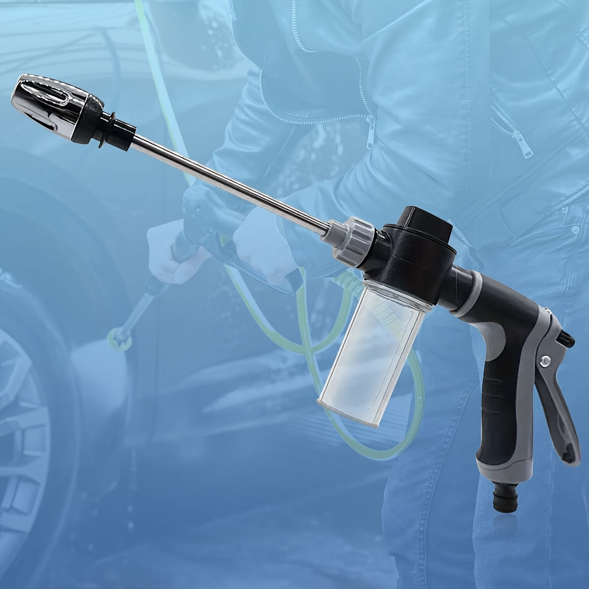 ProClean high-pressure car wash gun with adjustable nozzle, detergent reservoir and ergonomic black handle against blue background