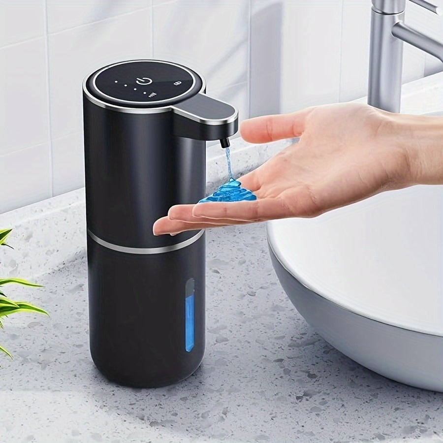 PureTouch automatic soap dispenser in matte black dispensing blue liquid soap over bathroom sink with touch-free sensor