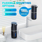 PureTouch automatic soap dispenser in matte black shown mounted on wall and countertop with touchless sensor features