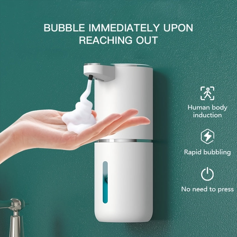 PureTouch automatic soap dispenser in white dispensing foam soap into hand - wall-mounted touchless bathroom device
