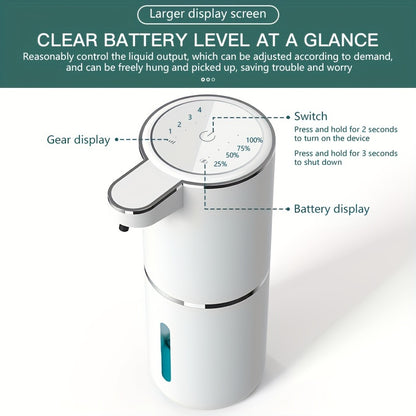 PureTouch automatic soap dispenser in white with LED battery display and adjustable output settings for touchless dispensing