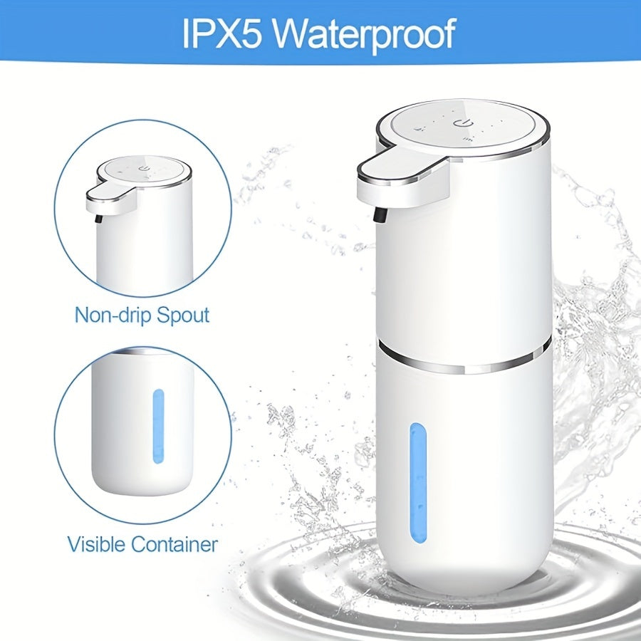 PureTouch automatic soap dispenser in white with transparent window and non-drip spout, showcasing IPX5 waterproof design