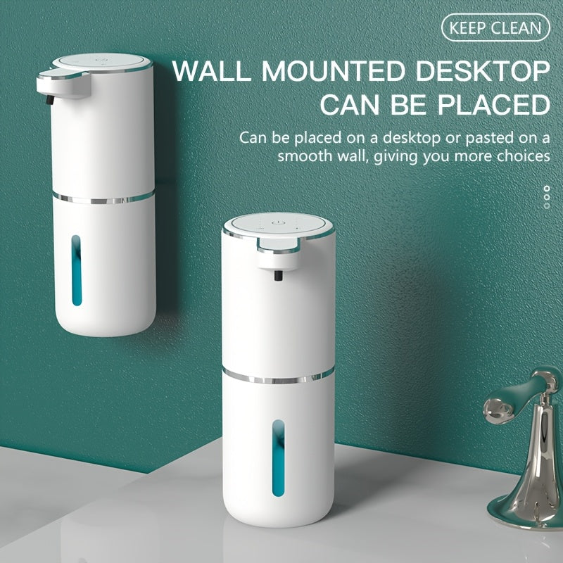PureTouch automatic soap dispenser shown wall-mounted and freestanding in white with LED indicator against teal wall