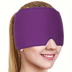 Purple Headache Relief Cap covering eyes and temples with stretch-fit design for cold therapy comfort