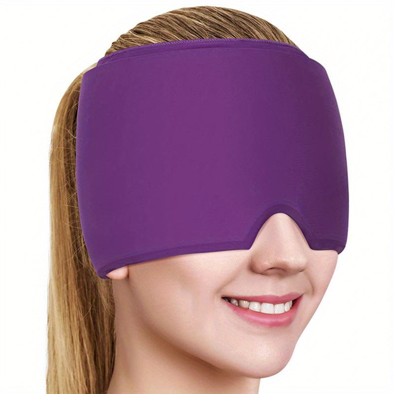 Purple Headache Relief Cap worn by woman, covering eyes and temples for migraine and tension relief therapy