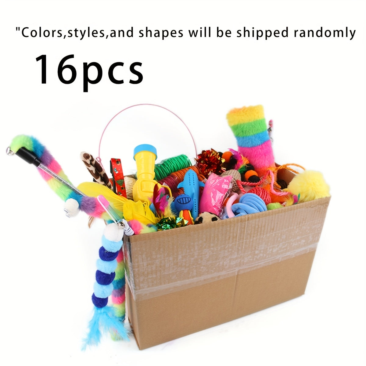 PurrPlay 16-piece cat toy collection in cardboard box featuring colorful plush, feathered and plastic toys with rainbow patterns