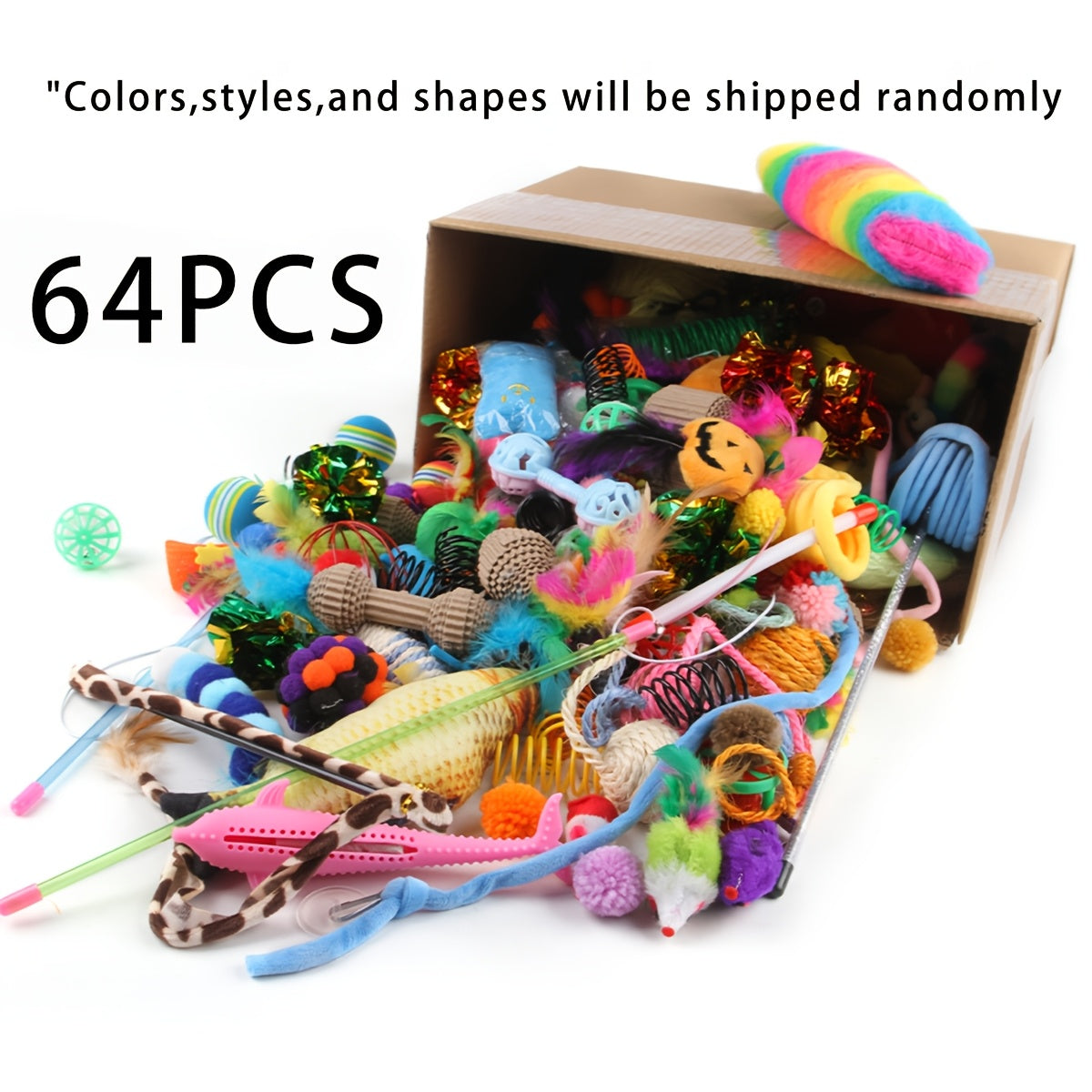 PurrPlay Ultimate Cat Toy Mega Pack spilling from brown box showing colorful assortment of plush mice, feathers, balls and wand toys