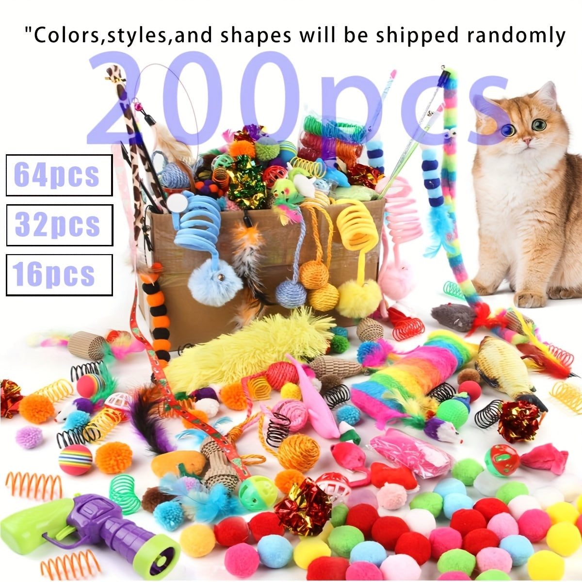 PurrPlay Ultimate Toy Mega Pack displayed with colorful assortment of cat toys including feathers, balls, springs and plush toys with size options