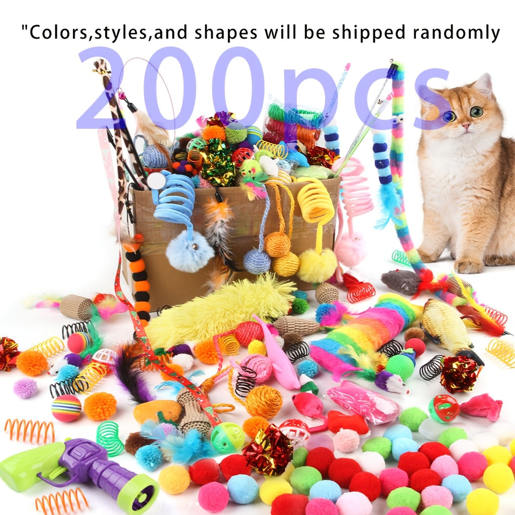 PurrPlay Ultimate Toy Mega Pack displayed with colorful assortment of cat toys including plush balls, springs, feathers, and mice on white surface