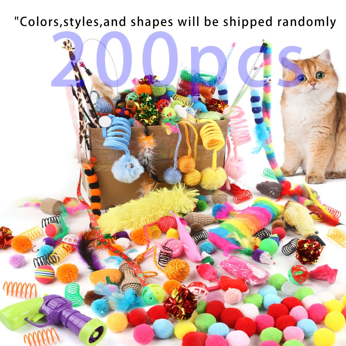 PurrPlay Ultimate Toy Mega Pack displayed with colorful assortment of cat toys including plush balls, springs, feathers, and mice on white surface