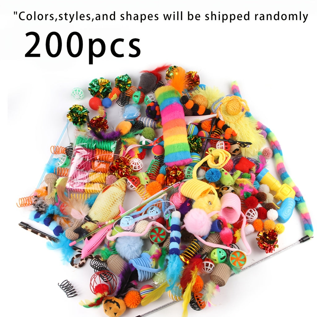 PurrPlay Ultimate Toy Mega Pack featuring 200 colorful cat toys including plush, feathers, springs and balls arranged on white background