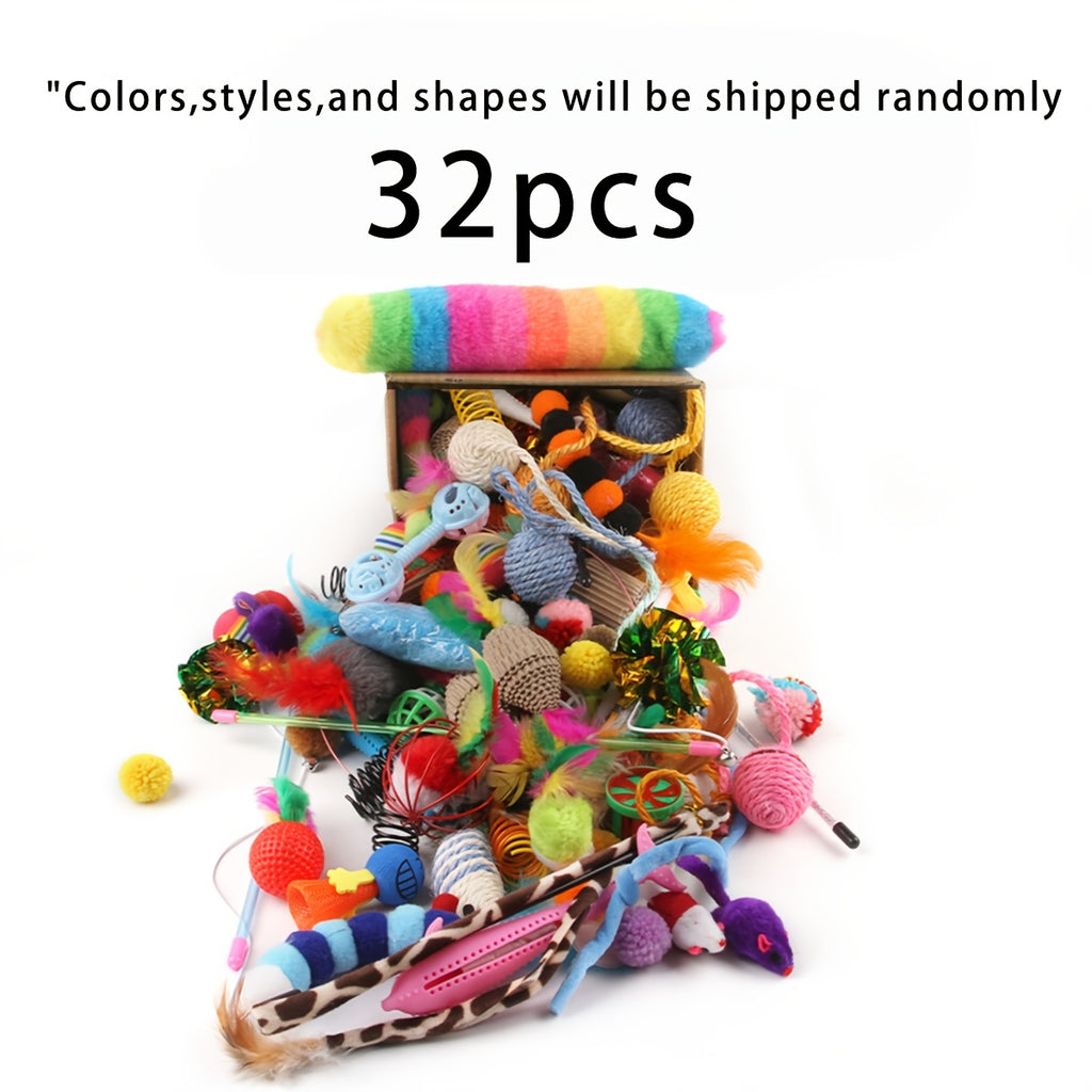 PurrPlay Ultimate Toy Mega Pack featuring 32 colorful cat toys including plush mice, feathers, and balls spilling from a display box